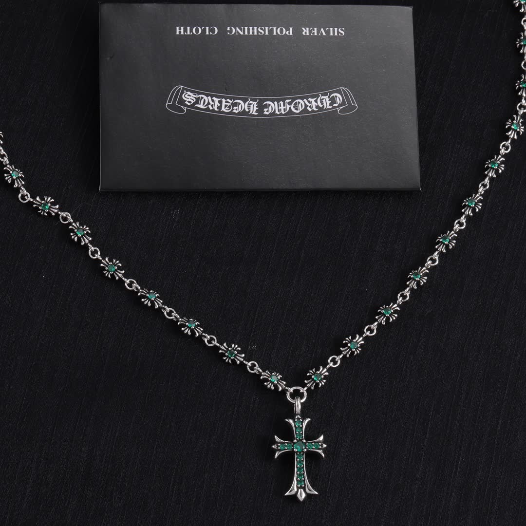 Chrome Hearts Silver Cross Pendant with Emerald Stones